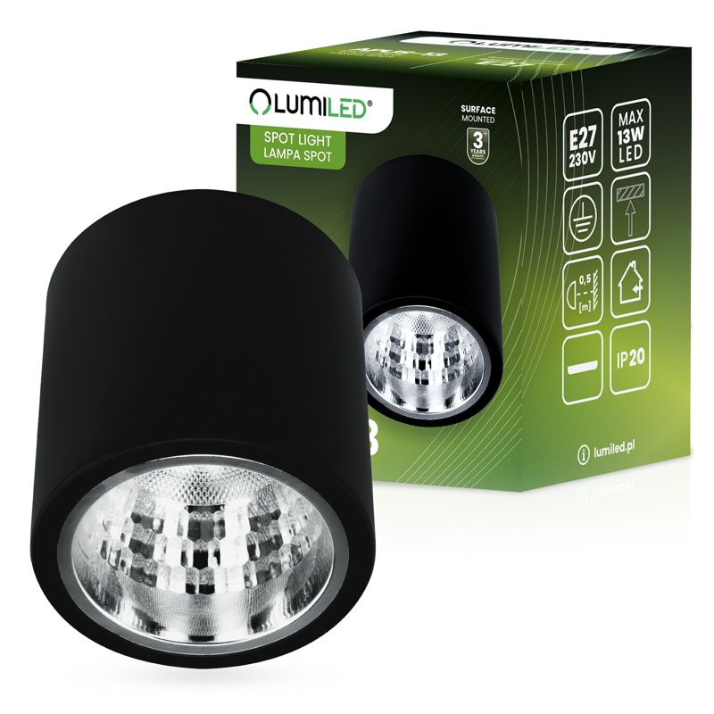 Oprawa Sufitowa Lumiled Natynkowa Stała Okrągła 13 Spot Tuba Czarna E27 1 szt.