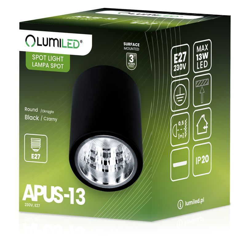 Oprawa Sufitowa Lumiled Natynkowa Stała Okrągła 13 Spot Tuba Czarna E27 1 szt.