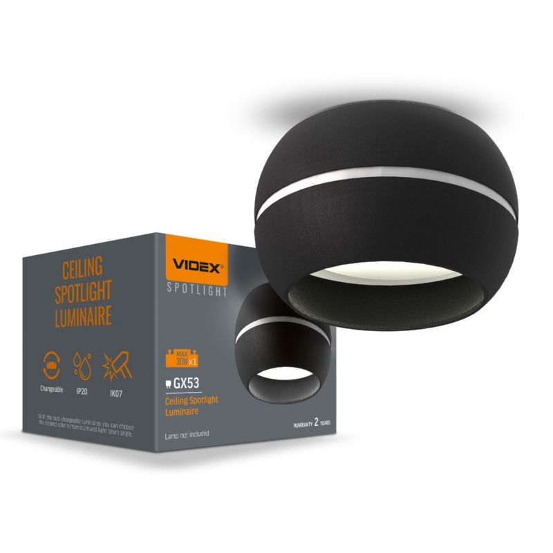 Oprawa sufitowa wpuszczana Videx Spotlight  czarna  1 x GX53 x 30W IP20 wym: 5 x 9 x 9 cm okrągła - 1 szt.