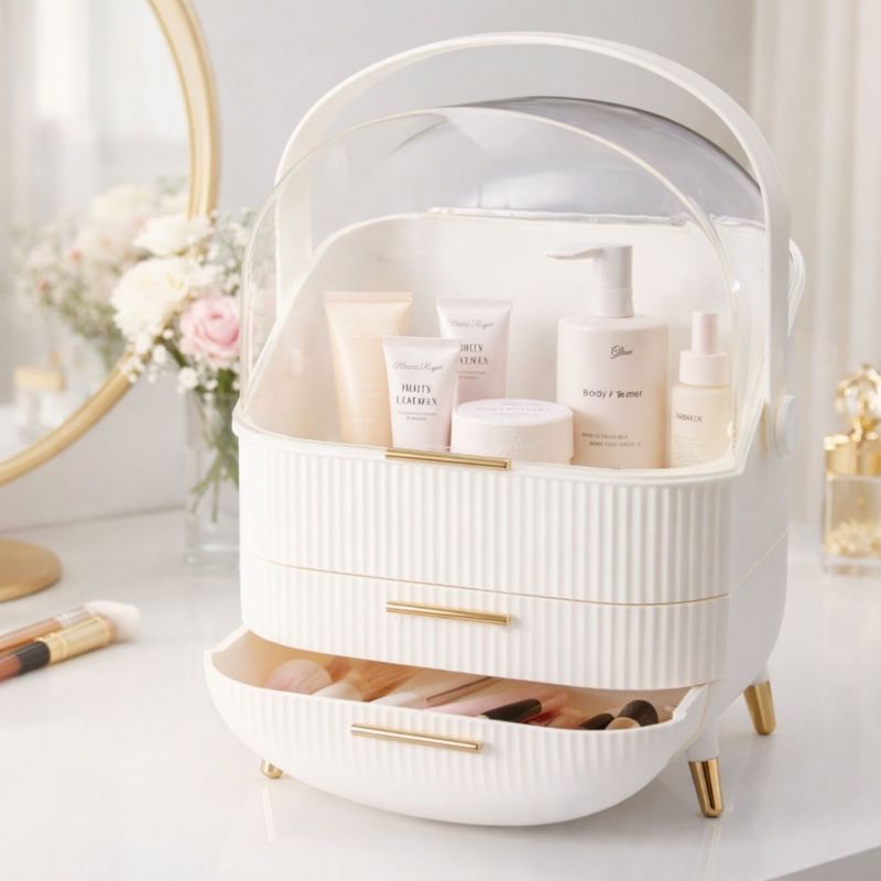 Organizer na kosmetyki Beauty Luxe 3 szuflady HowHomely przezroczysta pokrywa 32x26x18,5 cm 1 szt