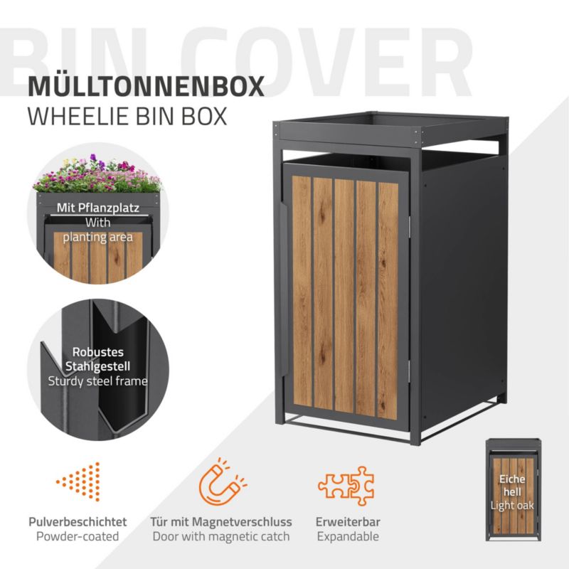 Osłona kosza na śmieci ML Design 1 komorowa 240L 68x80x120 cm podpora roślin jasny dąb stalowa szafka antracytowa 1 tona 1 szt