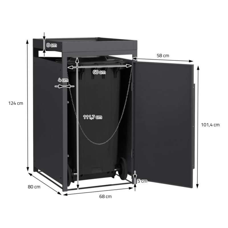 Osłona kosza na śmieci ML Design 1 komorowa 240L 68x80x120 cm podpora roślin jasny dąb stalowa szafka antracytowa 1 tona 1 szt