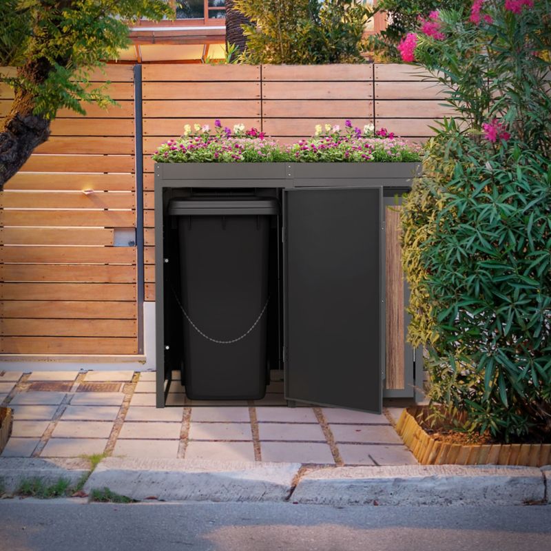 Osłona kosza na śmieci ML Design 2 komorowa 240L 132x80x120 cm szafka ogrodowa stal antracytowy wygląd drewna 2 tona pokrywa 1 szt