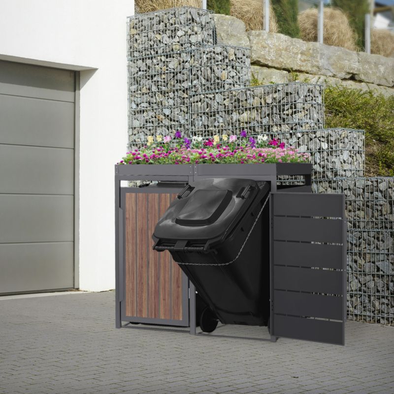 Osłona kosza na śmieci ML Design 2 komorowa 240L 132x80x120 cm szafka ogrodowa stal antracytowy wygląd drewna 2 tona pokrywa 1 szt