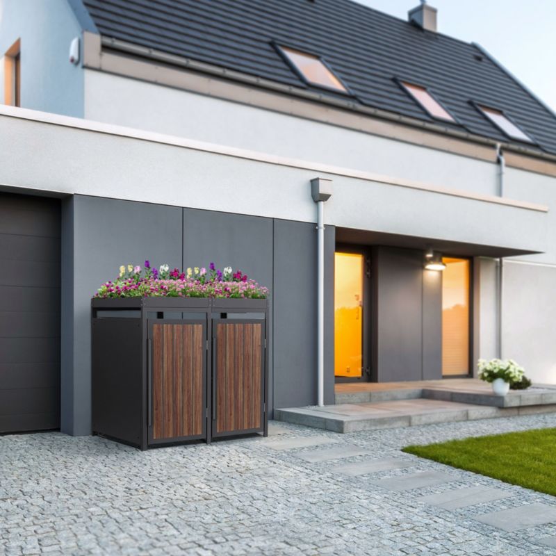 Osłona kosza na śmieci ML Design 2 komorowa 240L 132x80x120 cm szafka ogrodowa stal antracytowy wygląd drewna 2 tona pokrywa 1 szt