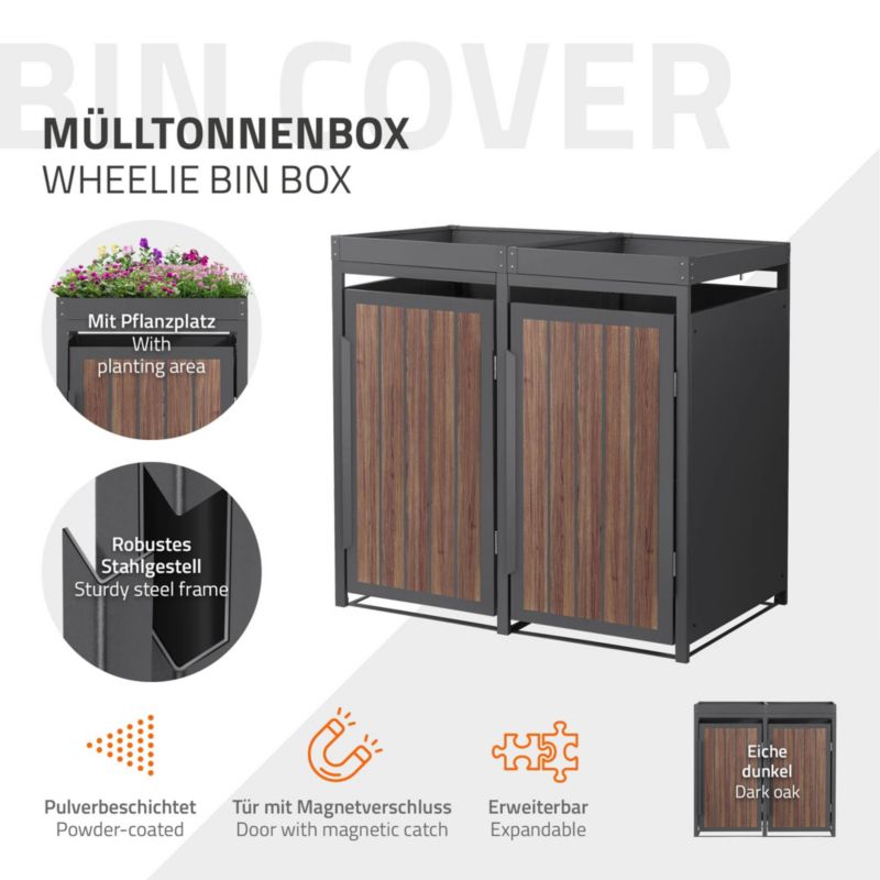 Osłona kosza na śmieci ML Design 2 komorowa 240L 132x80x120 cm szafka ogrodowa stal antracytowy wygląd drewna 2 tona pokrywa 1 szt
