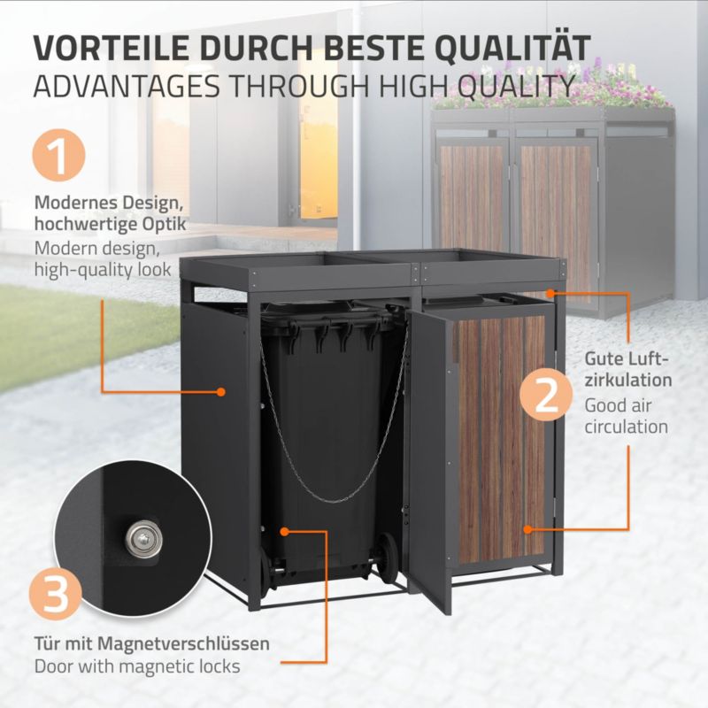 Osłona kosza na śmieci ML Design 2 komorowa 240L 132x80x120 cm szafka ogrodowa stal antracytowy wygląd drewna 2 tona pokrywa 1 szt