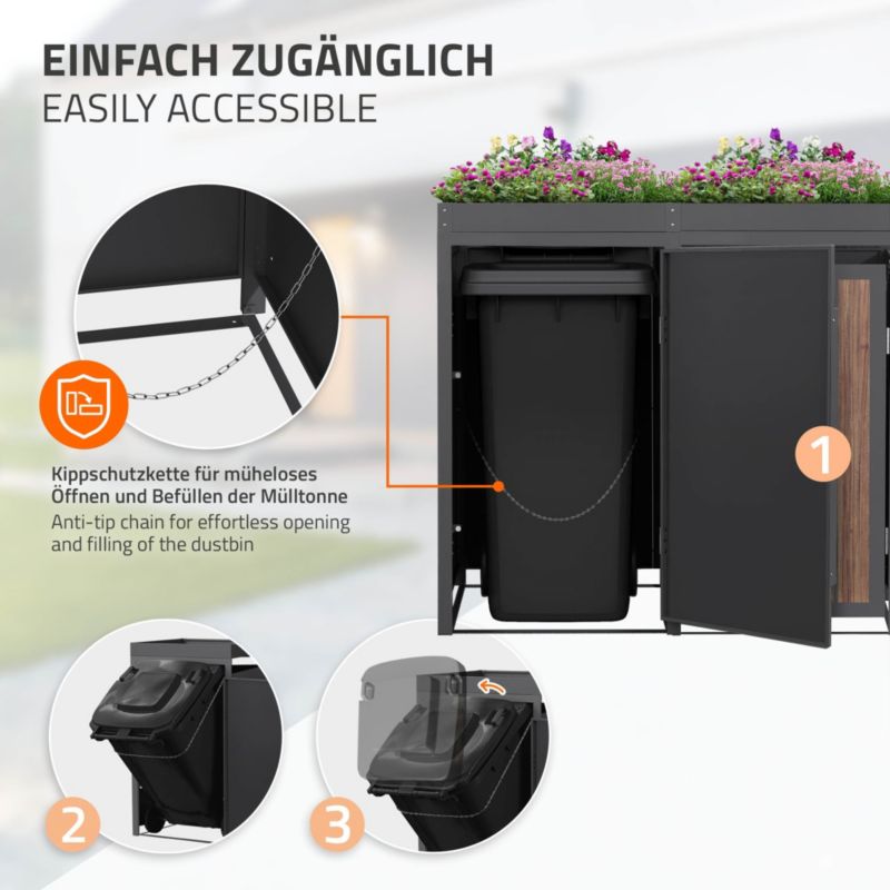 Osłona kosza na śmieci ML Design 2 komorowa 240L 132x80x120 cm szafka ogrodowa stal antracytowy wygląd drewna 2 tona pokrywa 1 szt