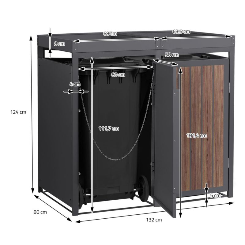 Osłona kosza na śmieci ML Design 2 komorowa 240L 132x80x120 cm szafka ogrodowa stal antracytowy wygląd drewna 2 tona pokrywa 1 szt