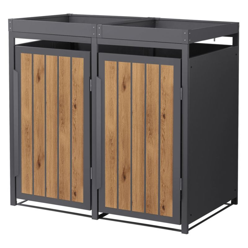 Osłona kosza na śmieci ML-Design zabudowa 2 komorowa 240L 132x80x120 cm boks stalowy jasny dąb grafitowy klapa drzwi ogród 1 szt