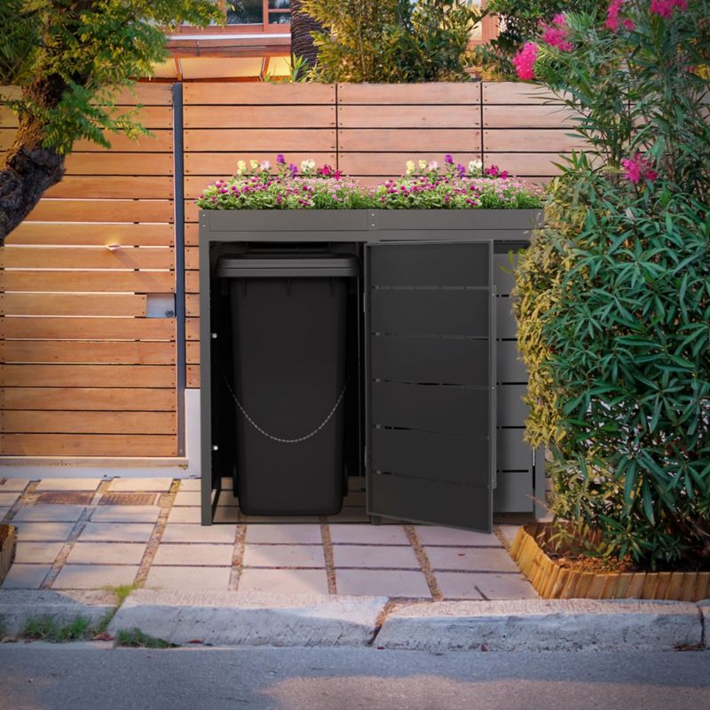 Osłona kosza na śmieci ML Design zabudowa 2 komorowa 240L 132x80x120 cm metalowy boks z kwietnikiem schowek grafitowe drzwi 1 szt