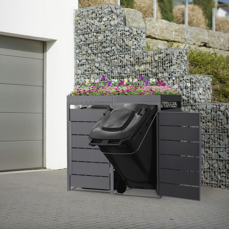 Osłona kosza na śmieci ML Design zabudowa 2 komorowa 240L 132x80x120 cm metalowy boks z kwietnikiem schowek grafitowe drzwi 1 szt