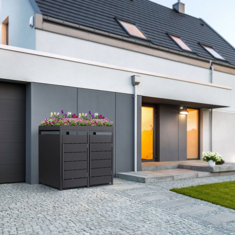 Osłona kosza na śmieci ML Design zabudowa 2 komorowa 240L 132x80x120 cm metalowy boks z kwietnikiem schowek grafitowe drzwi 1 szt
