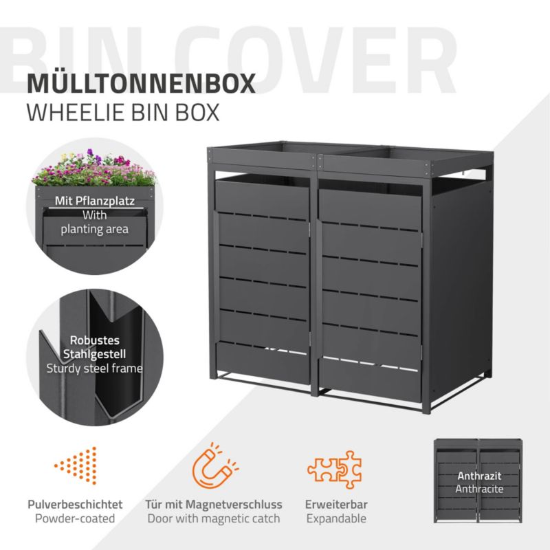 Osłona kosza na śmieci ML Design zabudowa 2 komorowa 240L 132x80x120 cm metalowy boks z kwietnikiem schowek grafitowe drzwi 1 szt