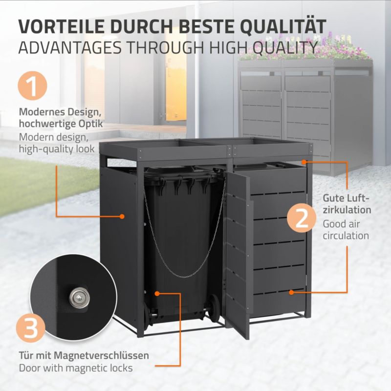 Osłona kosza na śmieci ML Design zabudowa 2 komorowa 240L 132x80x120 cm metalowy boks z kwietnikiem schowek grafitowe drzwi 1 szt