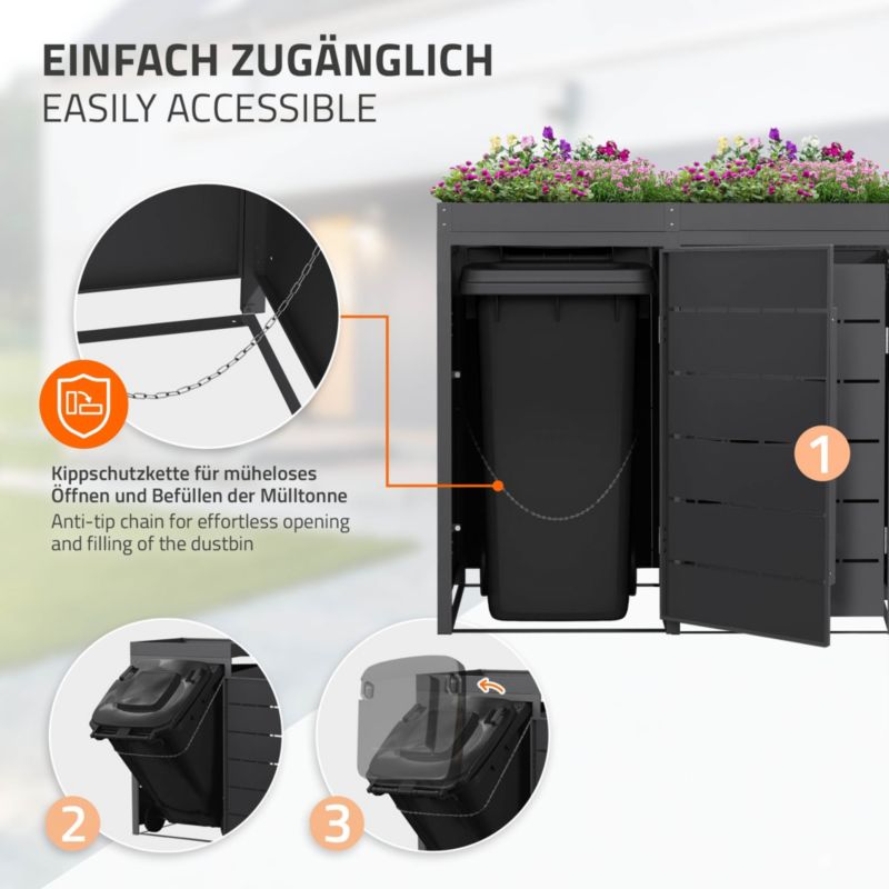 Osłona kosza na śmieci ML Design zabudowa 2 komorowa 240L 132x80x120 cm metalowy boks z kwietnikiem schowek grafitowe drzwi 1 szt