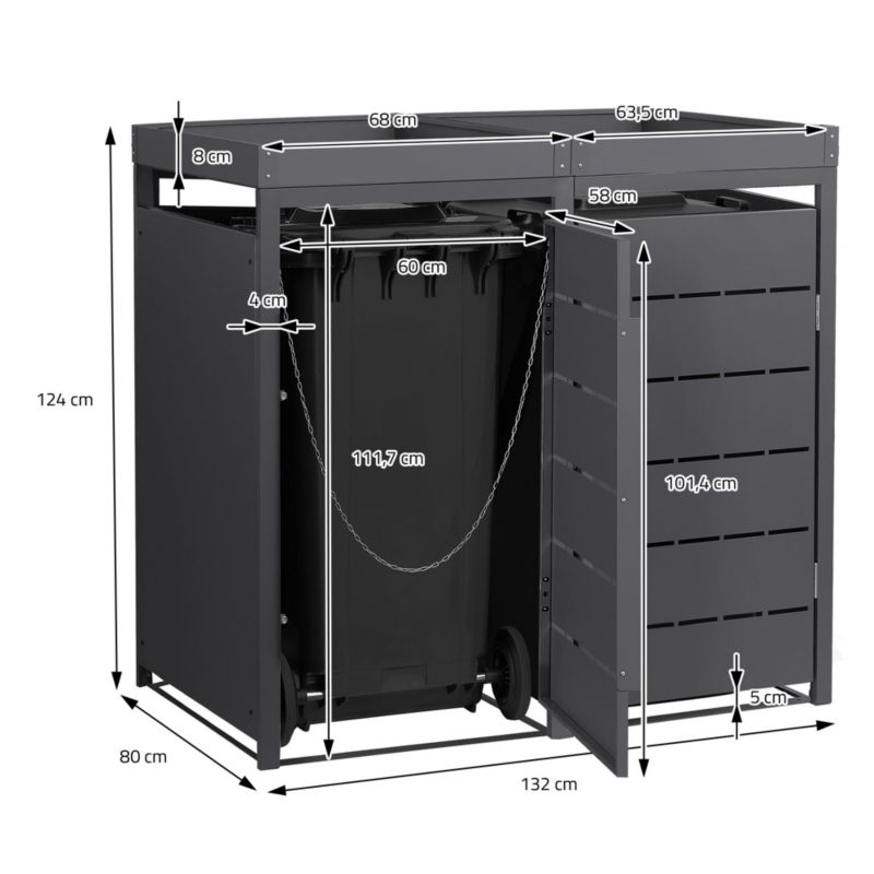 Osłona kosza na śmieci ML Design zabudowa 2 komorowa 240L 132x80x120 cm metalowy boks z kwietnikiem schowek grafitowe drzwi 1 szt