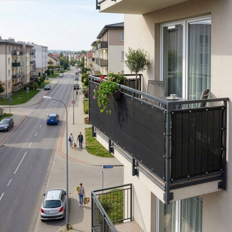 Osłona na balkon Springos 1.15x5 m maskująca 95% z opaskami zaciskowymi i sznurkiem antracytowa 1 kpl.