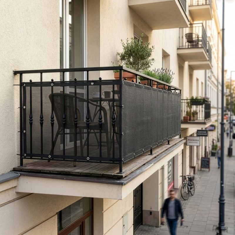 Osłona na balkon Springos 1.15x5 m maskująca 95% z opaskami zaciskowymi i sznurkiem antracytowa 1 kpl.