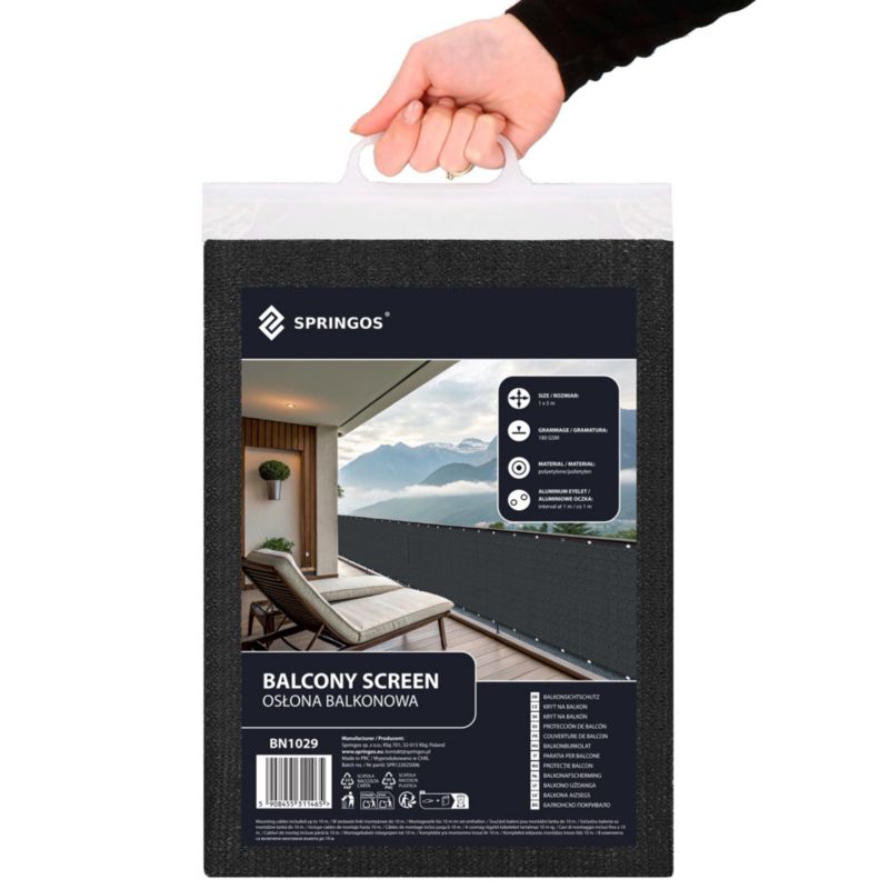 Osłona na balkon Springos 1.15x5 m maskująca 95% z opaskami zaciskowymi i sznurkiem antracytowa 1 kpl.
