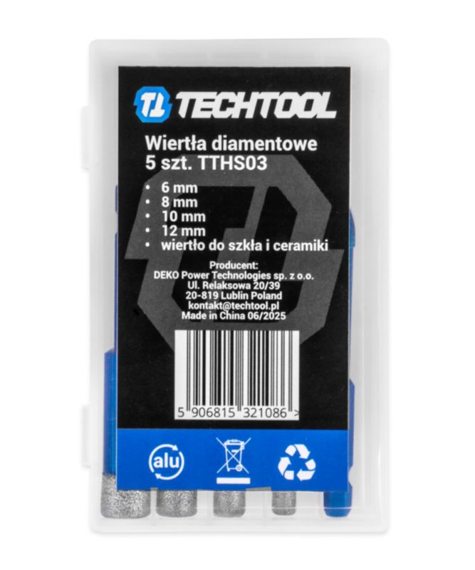 Otwornica diamentowa Techtool HEX 6 8 10 12 mm wiertło do szła 1 kpl.