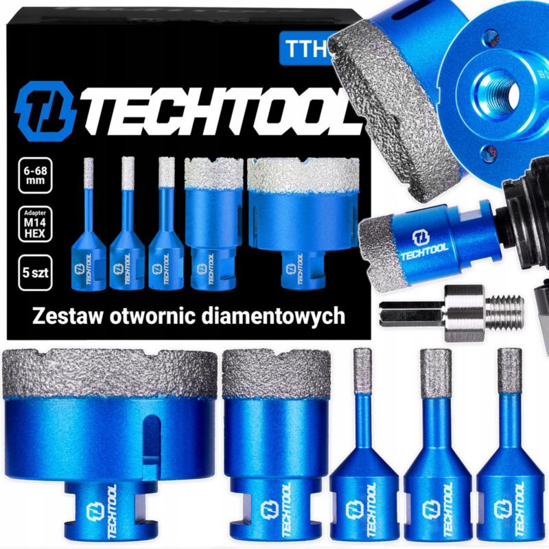 Otwornice diamentowe Techtool M14  zestaw 5 sztuk 6-68mm 1 kpl.