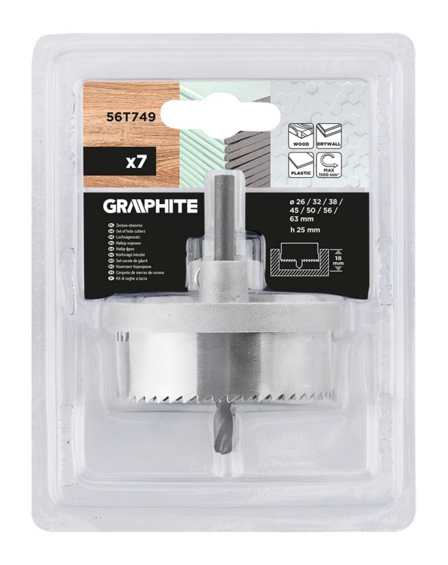Otwornice GRAPHITE do drewna 26 - 63 mm, h 25 mm, zestaw 7 szt. 1 kpl