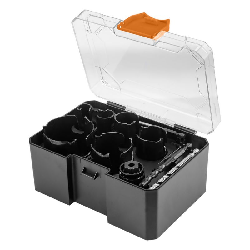 Otwornice NEO TOOLS stalowe z ostrzem z węglika spiekanego (20, 25, 30, 38, 40, 68 mm), zestaw 11 el. 1 kpl