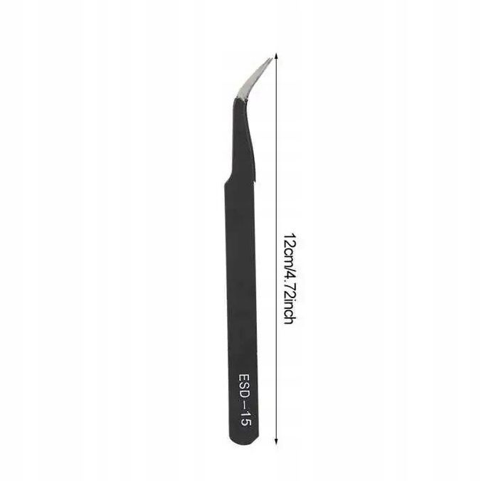 Pęseta Precyzyjna Zagięta ESD-15 - Utwardzone Końcówki, Odporna na Kwasy, Antymagnetyczna, Do Elektroniki, 1 szt.