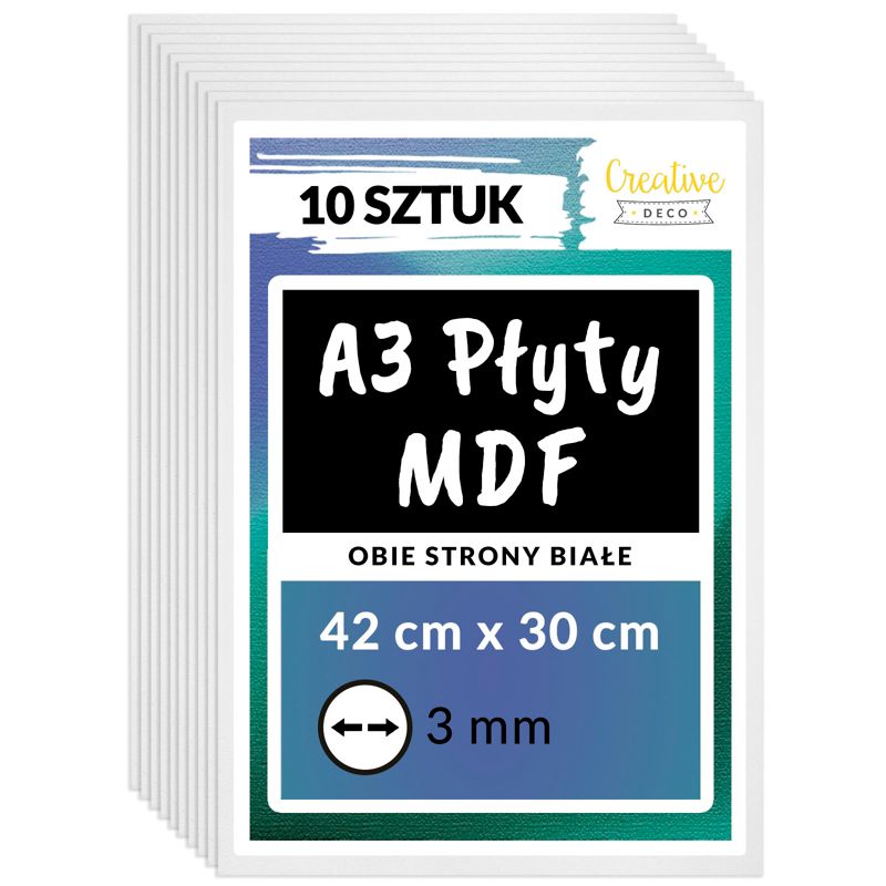 Płyta MDF Creative Deco A3 Biała Obustronna 420 x 300 x 3 mm Surowa Deska Drewniana Cięcie Laserowe, Wypalanie 10 szt.