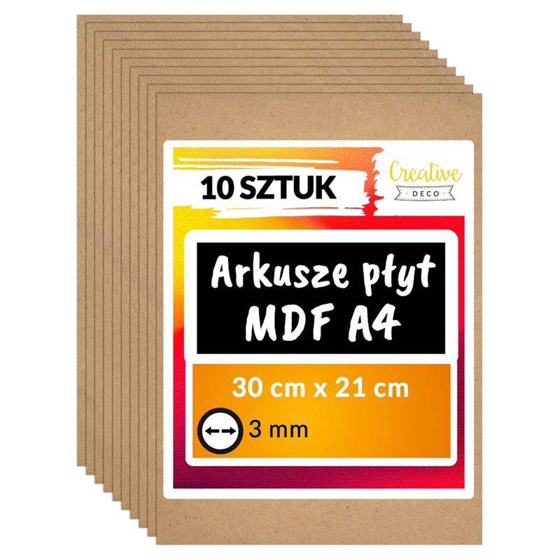 Płyta MDF Creative Deco A4 300 x 210 x 2 mm Surowa Deska Drewniana Cięcie Laserowe, Grawerowanie, Modelarstwo, Wypalanie 10 szt.
