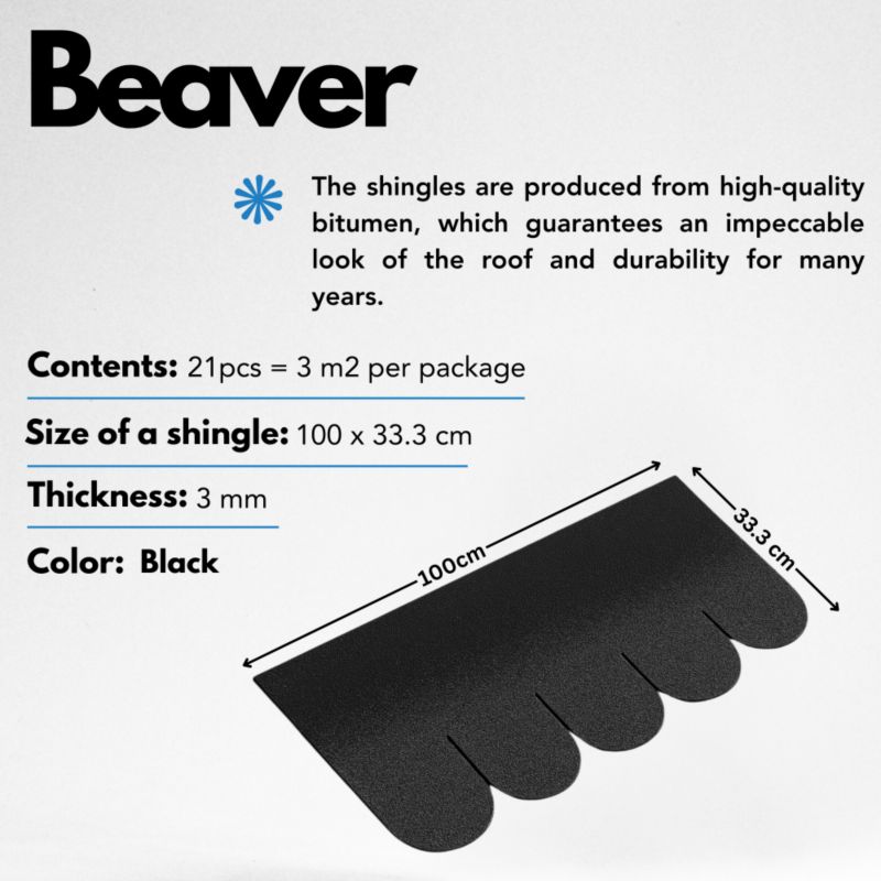 Płytki bitumiczne Timbela 3 m2, Beaver B-BLACK, lekkie i wodoodporne gonty, 1 paczka
