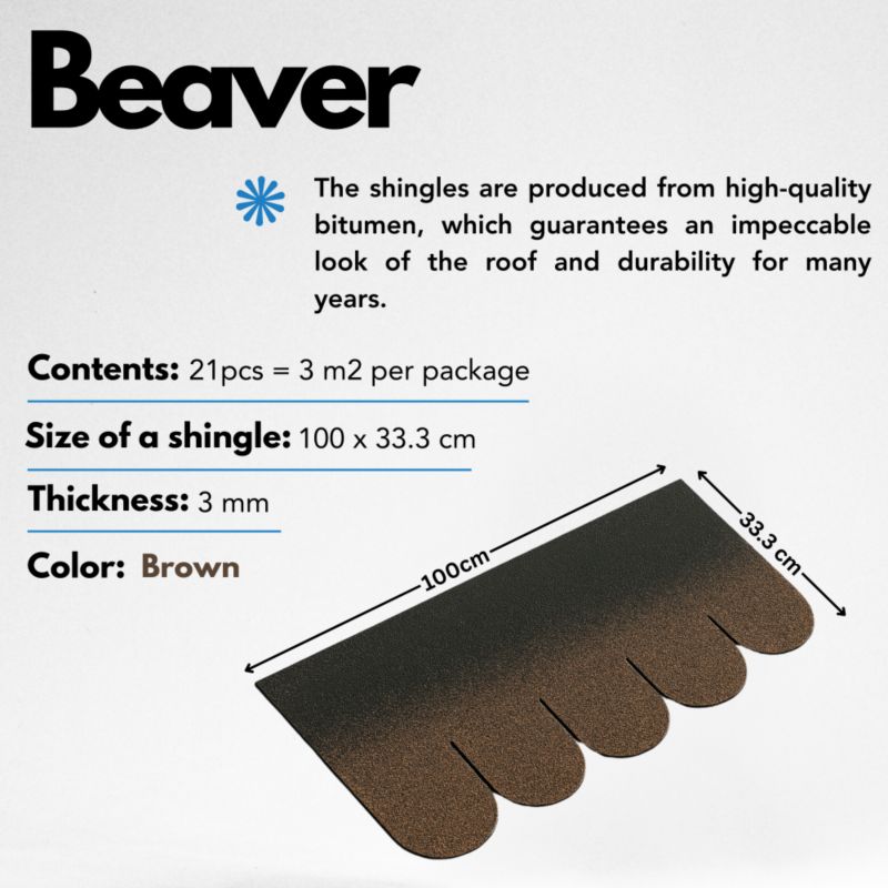 Płytki bitumiczne Timbela 3 m2, Beaver B-BROWN, lekkie i wodoodporne gonty, 1 paczka