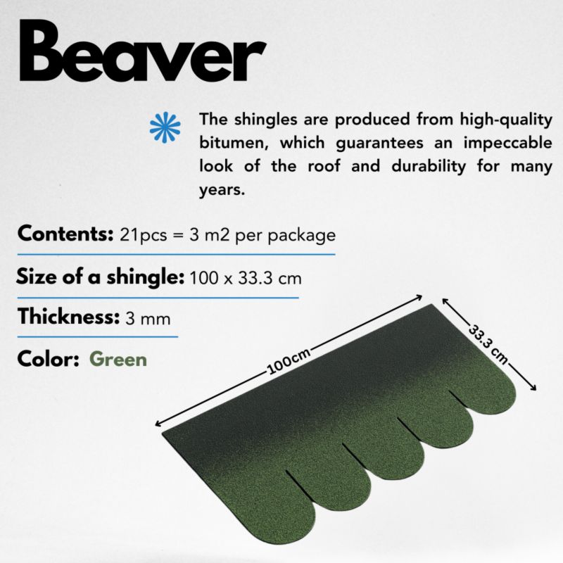 Płytki bitumiczne Timbela 3 m2, Beaver B-GREEN, lekkie i wodoodporne gonty, 1 paczka