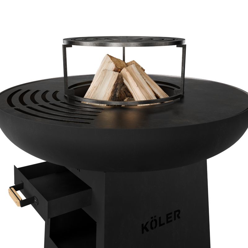 Palenisko Grill Ogrodowy Köler Herd X1 Black Duża Plancha 61 cm Stalowy Ruszt 29 cm Półki na Drewno Szuflada na Popiół 1szt.