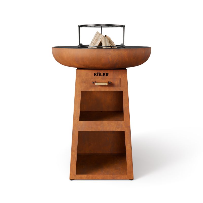 Palenisko Grill Ogrodowy Köler Herd X1 Corten Duża Plancha 61 cm Stalowy Ruszt 29 cm Półki na Drewno Szuflada na Popiół 1szt.