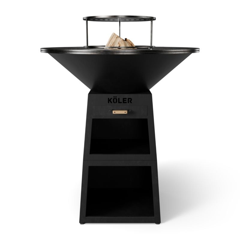 Palenisko Ogrodowe Köler HERD X2 Black Grill Plancha 80 cm Ruszt 38 cm Półki Na Drewno Szuflada na Popiół Stal Matowa 1szt.