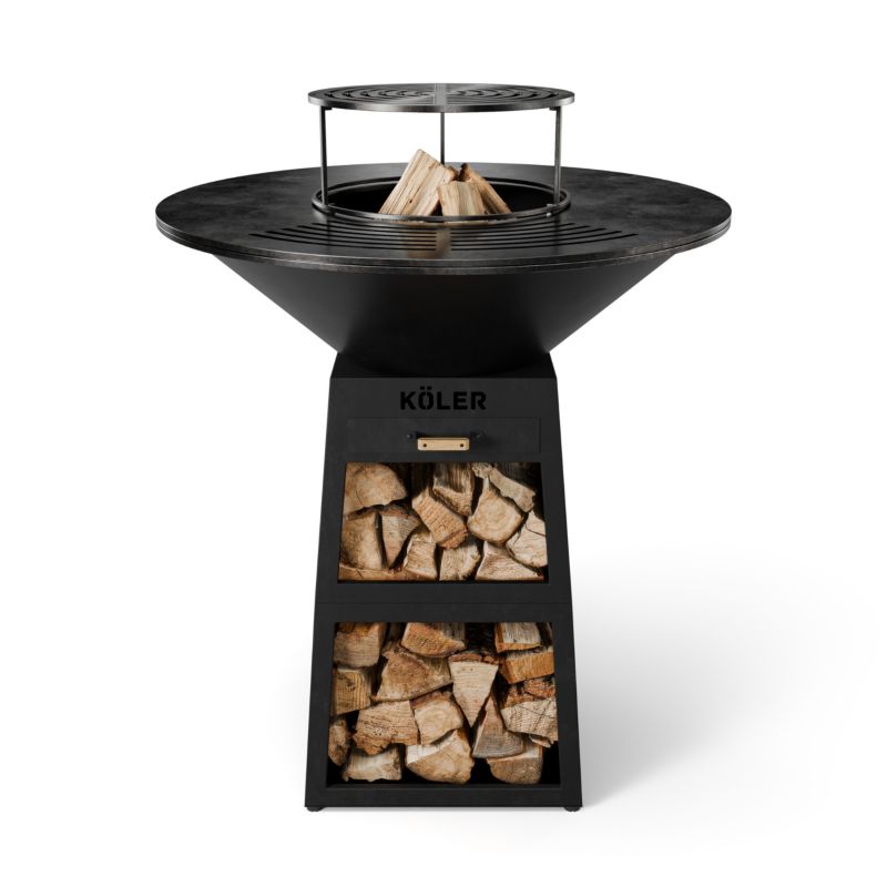 Palenisko Ogrodowe Köler HERD X2 Black Grill Plancha 80 cm Ruszt 38 cm Półki Na Drewno Szuflada na Popiół Stal Matowa 1szt.