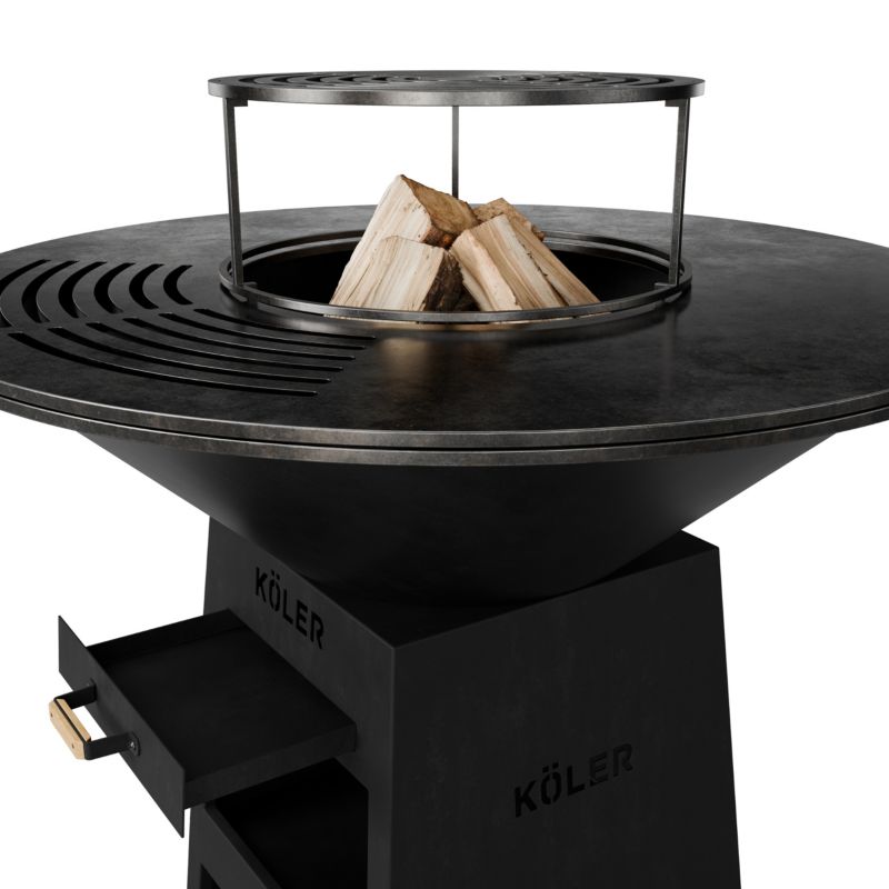 Palenisko Ogrodowe Köler HERD X2 Black Grill Plancha 80 cm Ruszt 38 cm Półki Na Drewno Szuflada na Popiół Stal Matowa 1szt.
