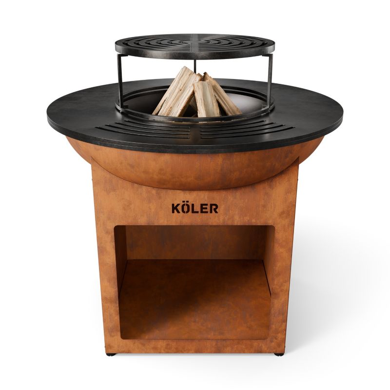 Palenisko ogrodowe z grillem Koler Herd X0 Corten Ruszt Stalowy 37 cm Płyta Plancha 70cm Regulowane Stopki Półka na Drewno 1szt.