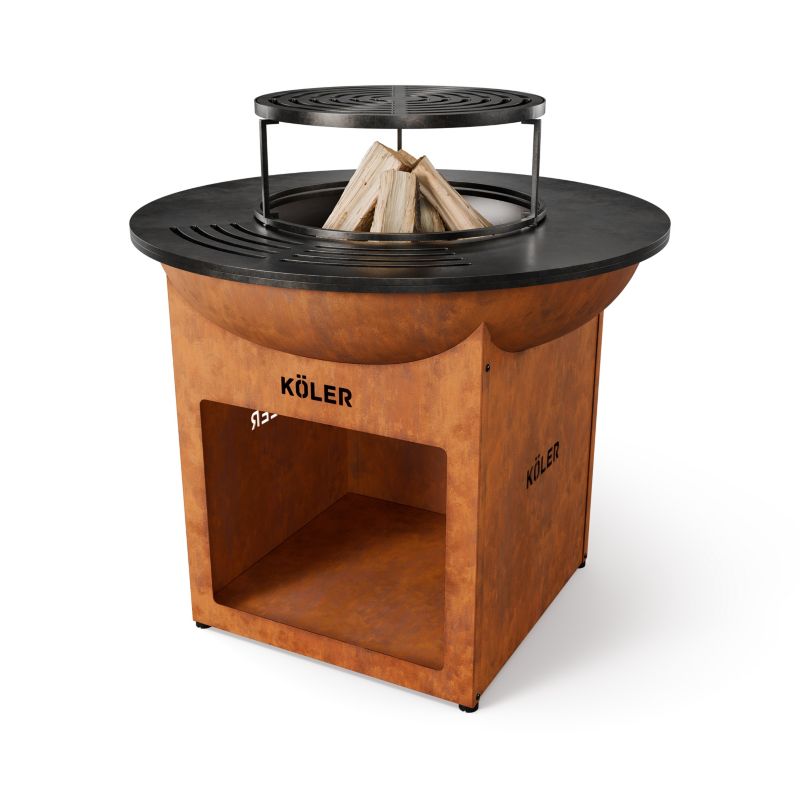 Palenisko ogrodowe z grillem Koler Herd X0 Corten Ruszt Stalowy 37 cm Płyta Plancha 70cm Regulowane Stopki Półka na Drewno 1szt.
