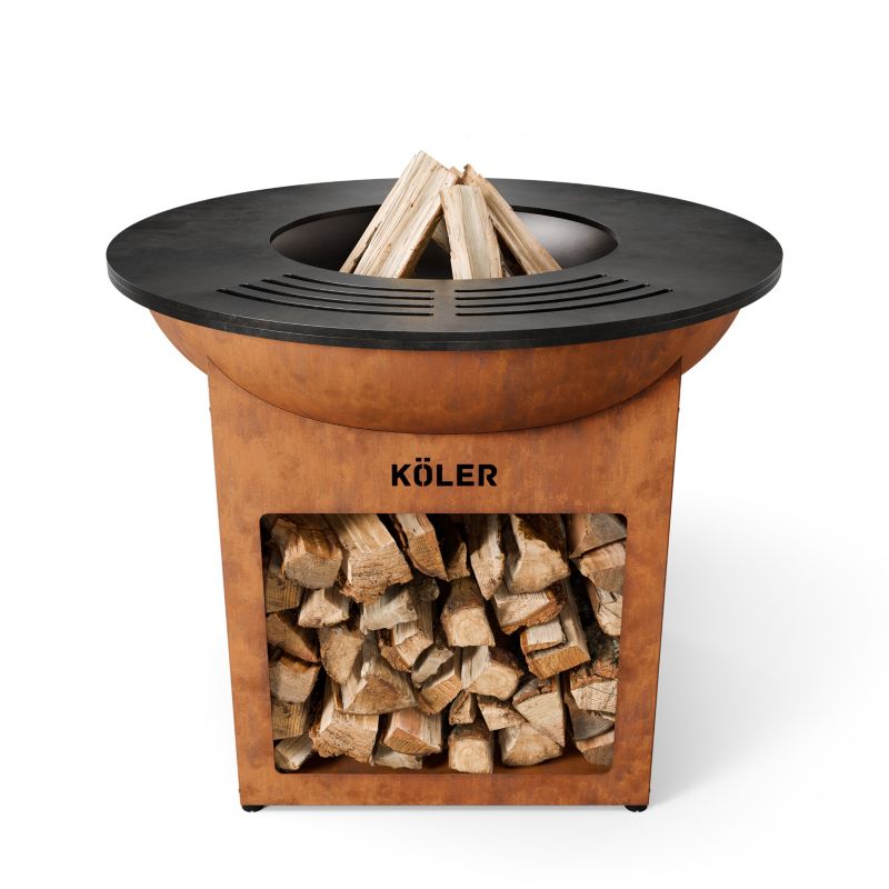 Palenisko ogrodowe z grillem Koler Herd X0 Corten Ruszt Stalowy 37 cm Płyta Plancha 70cm Regulowane Stopki Półka na Drewno 1szt.