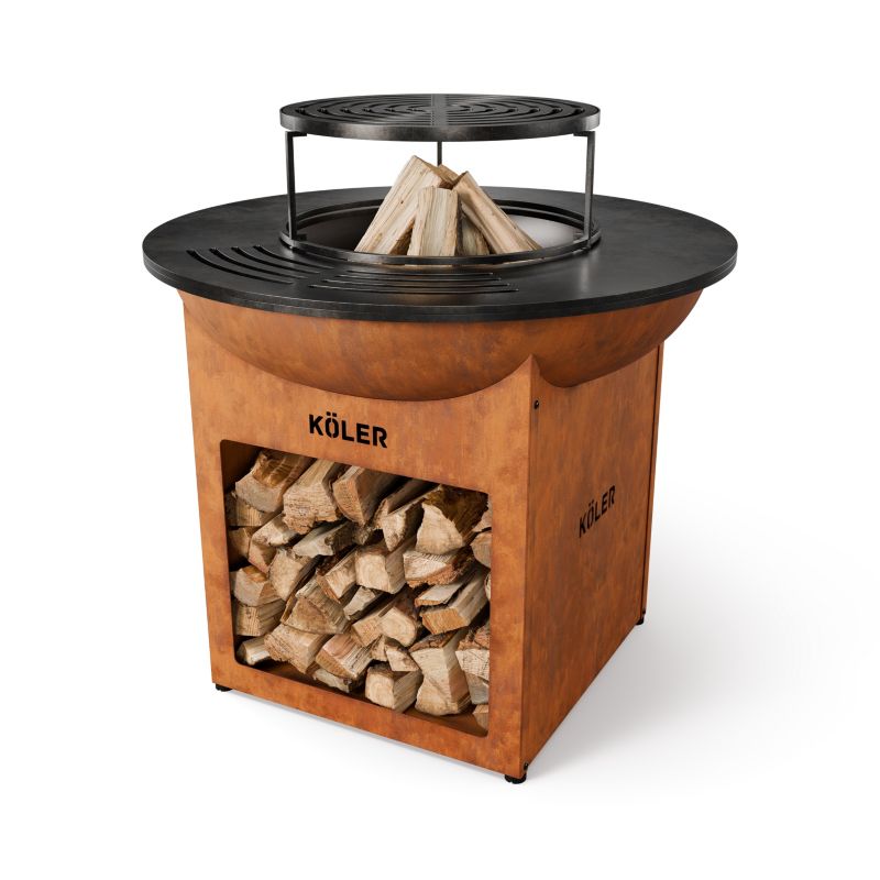 Palenisko ogrodowe z grillem Koler Herd X0 Corten Ruszt Stalowy 37 cm Płyta Plancha 70cm Regulowane Stopki Półka na Drewno 1szt.