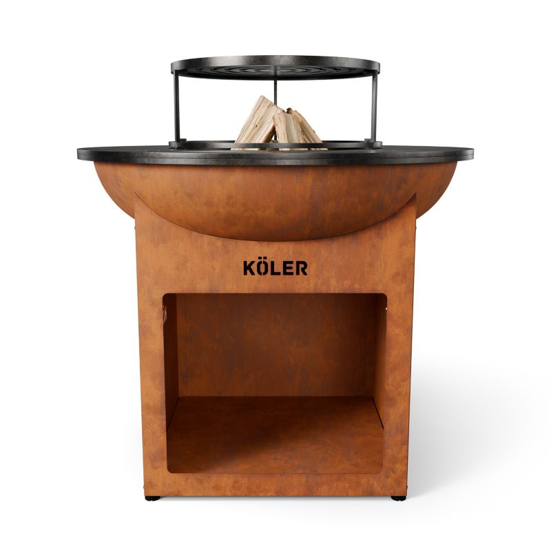 Palenisko ogrodowe z grillem Koler Herd X0 Corten Ruszt Stalowy 37 cm Płyta Plancha 70cm Regulowane Stopki Półka na Drewno 1szt.