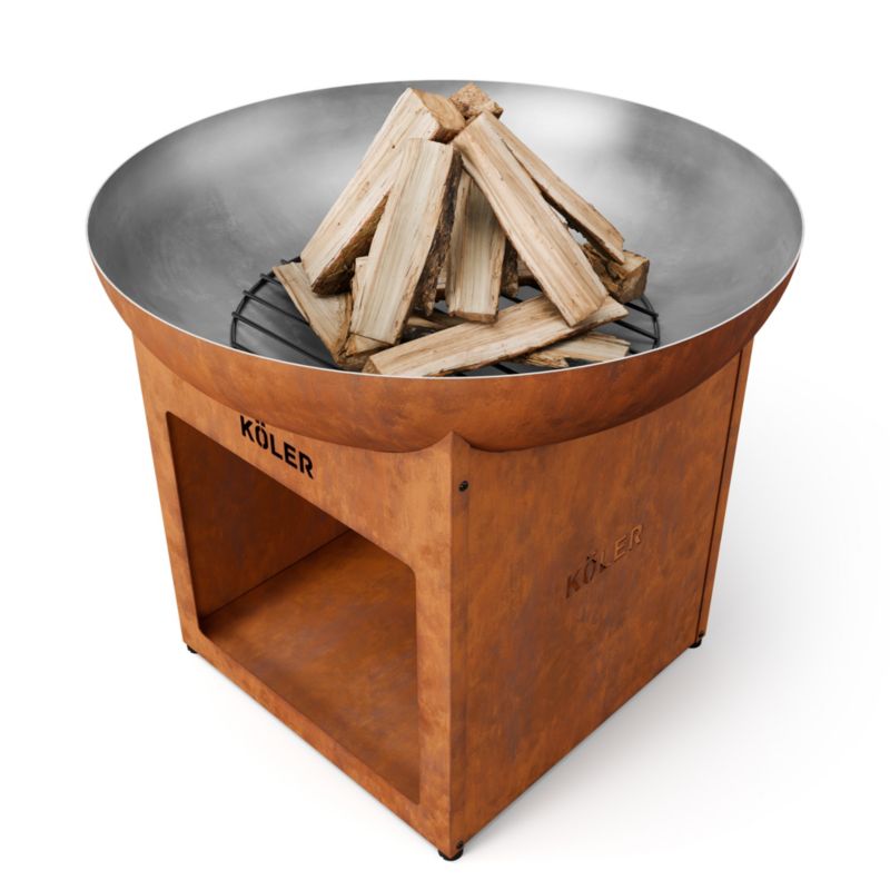 Palenisko ogrodowe z grillem Koler Herd X0 Corten Ruszt Stalowy 37 cm Płyta Plancha 70cm Regulowane Stopki Półka na Drewno 1szt.