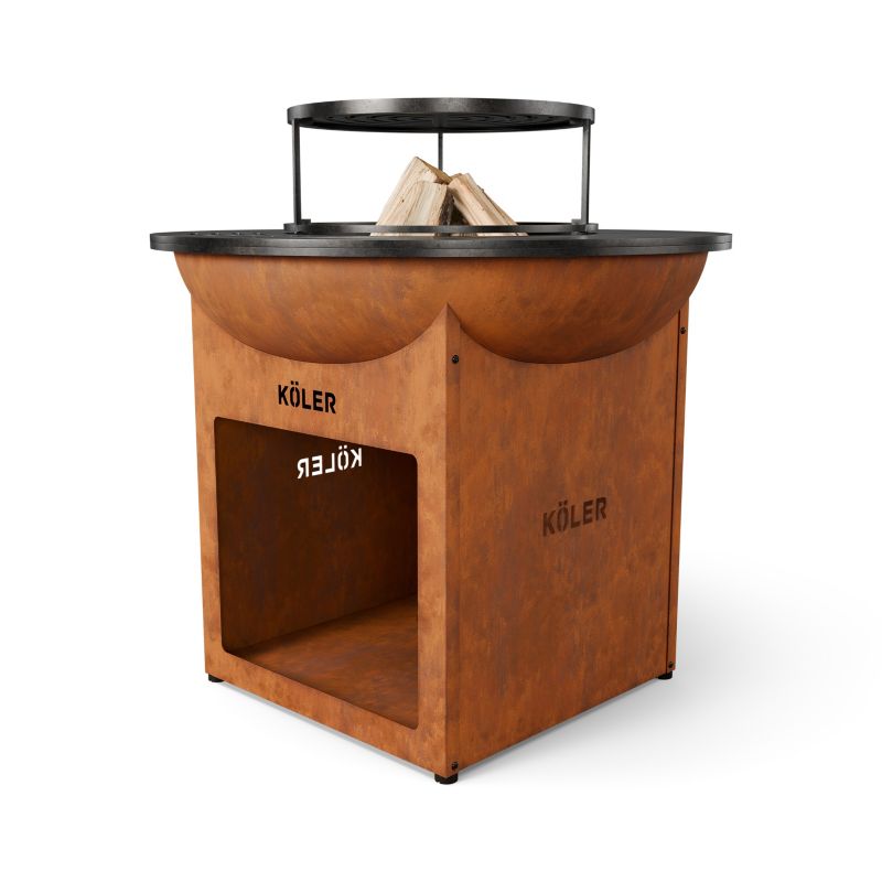 Palenisko ogrodowe z grillem Koler Herd X0 Corten Ruszt Stalowy 37 cm Płyta Plancha 70cm Regulowane Stopki Półka na Drewno 1szt.
