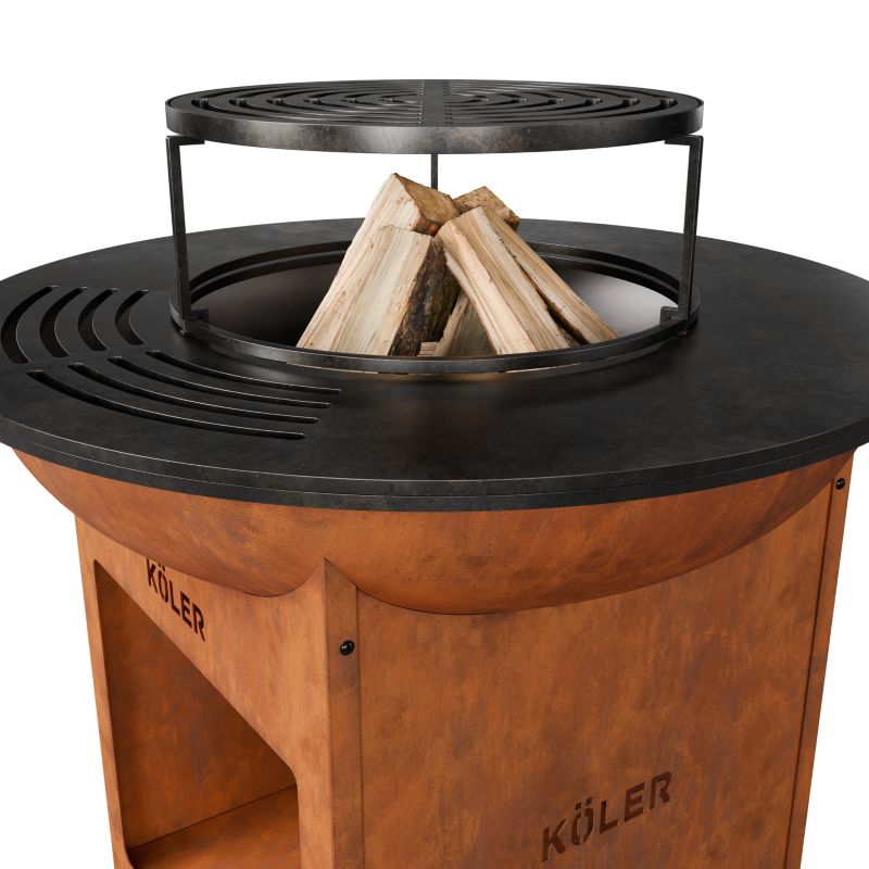 Palenisko ogrodowe z grillem Koler Herd X0 Corten Ruszt Stalowy 37 cm Płyta Plancha 70cm Regulowane Stopki Półka na Drewno 1szt.