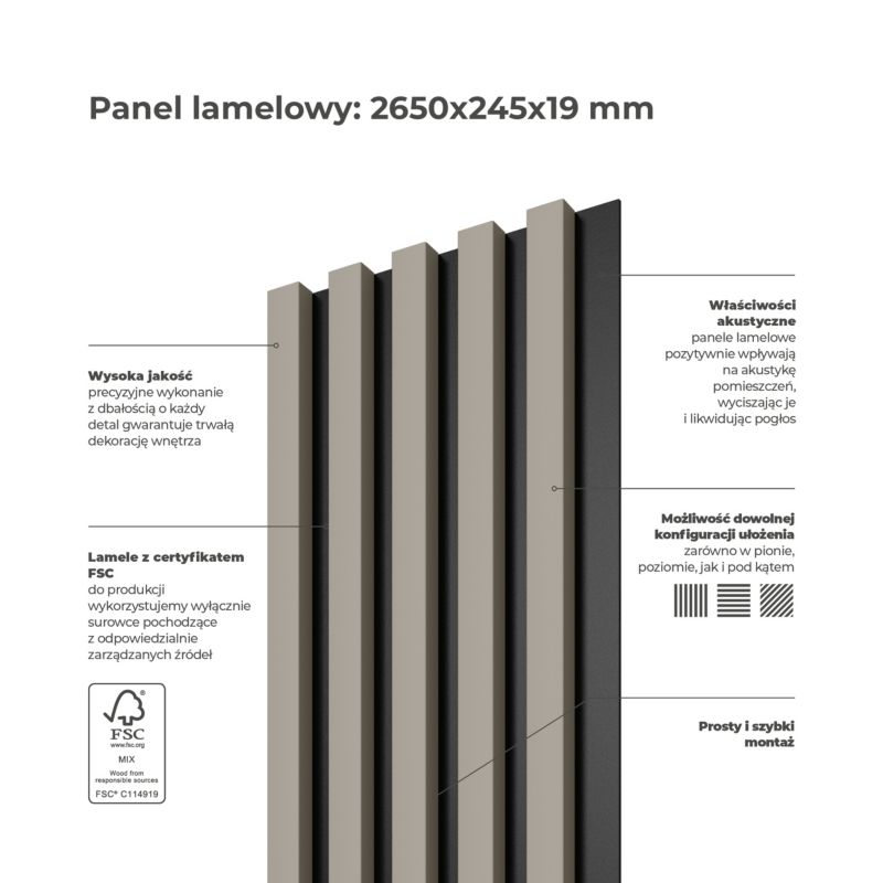Panel lamelowy ścienny Stegu Linea Select MDF 265 x 24,5 cm kaszmir / czarny