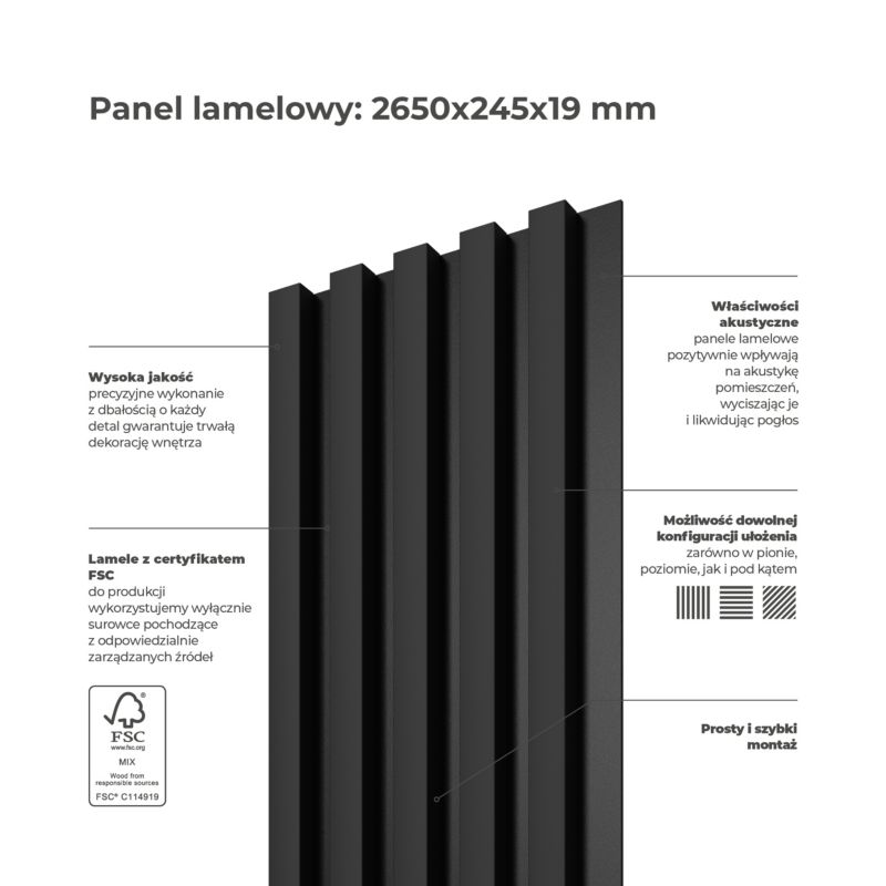 Panel lamelowy ścienny Stegu Linea Select MDF 265 x 24,5 x 1,9 cm czarny / czarny