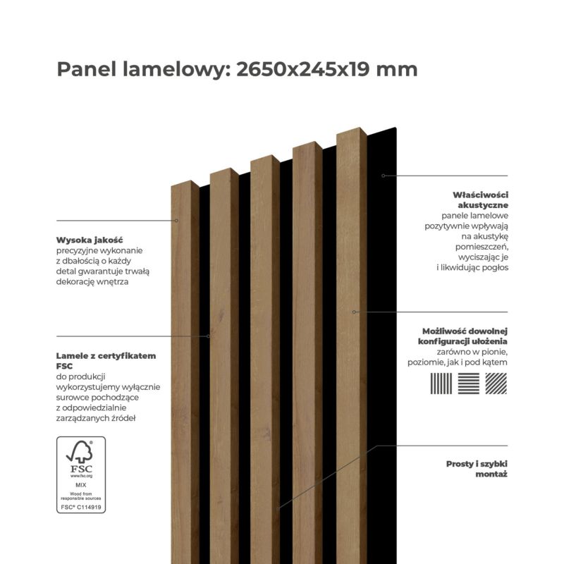 Panel lamelowy ścienny Stegu Linea Select MDF 265 x 24,5 x 1,9 cm dąb / czarny